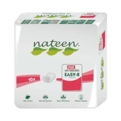 Nateen Easy-8 Plus penso anatómico para incontinência moderada com 7 gotas de absorção e capacidade até 1.700 ml.