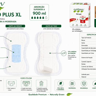 Infografia do Penso Anatómico Nateen Mini Pad Plus XL com absorção de 900 ml, características, modo de utilização e especificações técnicas para incontinência ligeira a moderada.