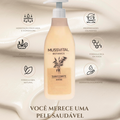 Características loção hidratante de aveia Mussvital Botanics: - Hidratação profunda e duradoura - Ativos dermoprotetores - Fórmula 86% natural - Propriedades calmantes - Fórmula rica em aveia - Testado dermatologicamente