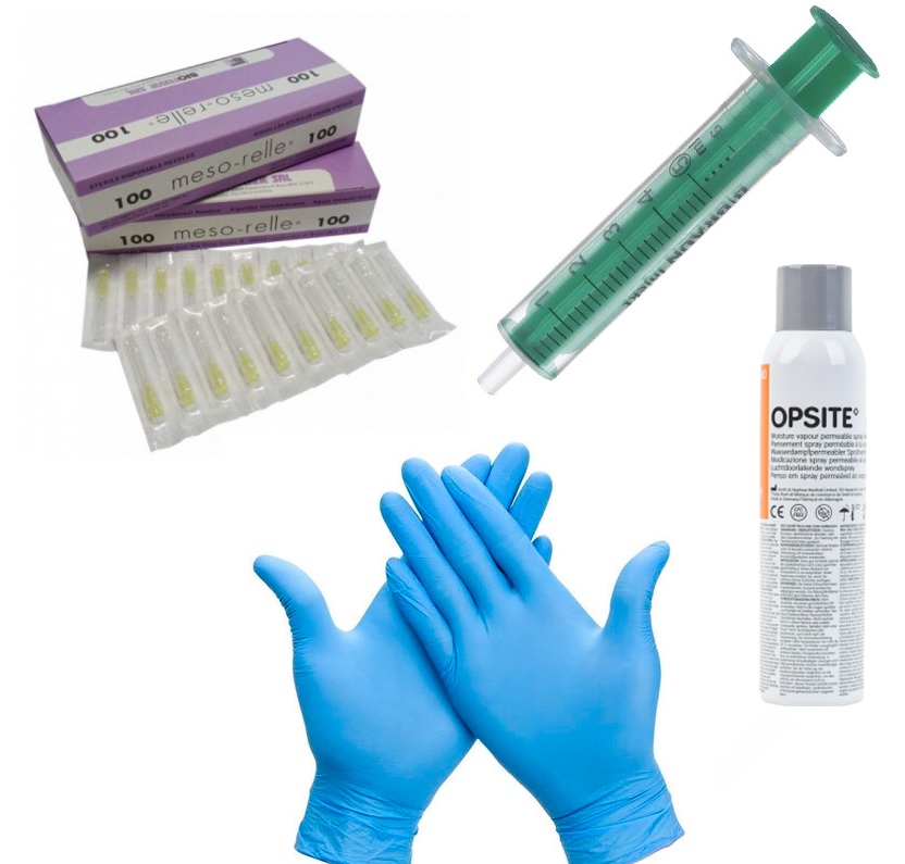 materiais para mesoterapia agulhas seringas luvas e desinfetante